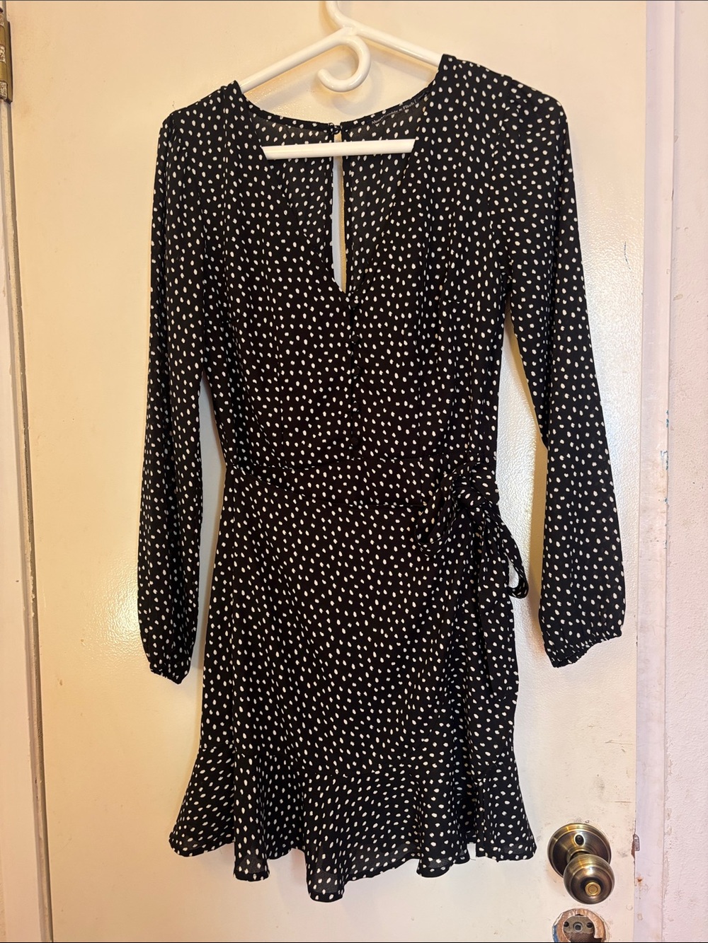 Abercrombie & Fitch Black Dress with White Dot Print - Long Sleeve Wrap